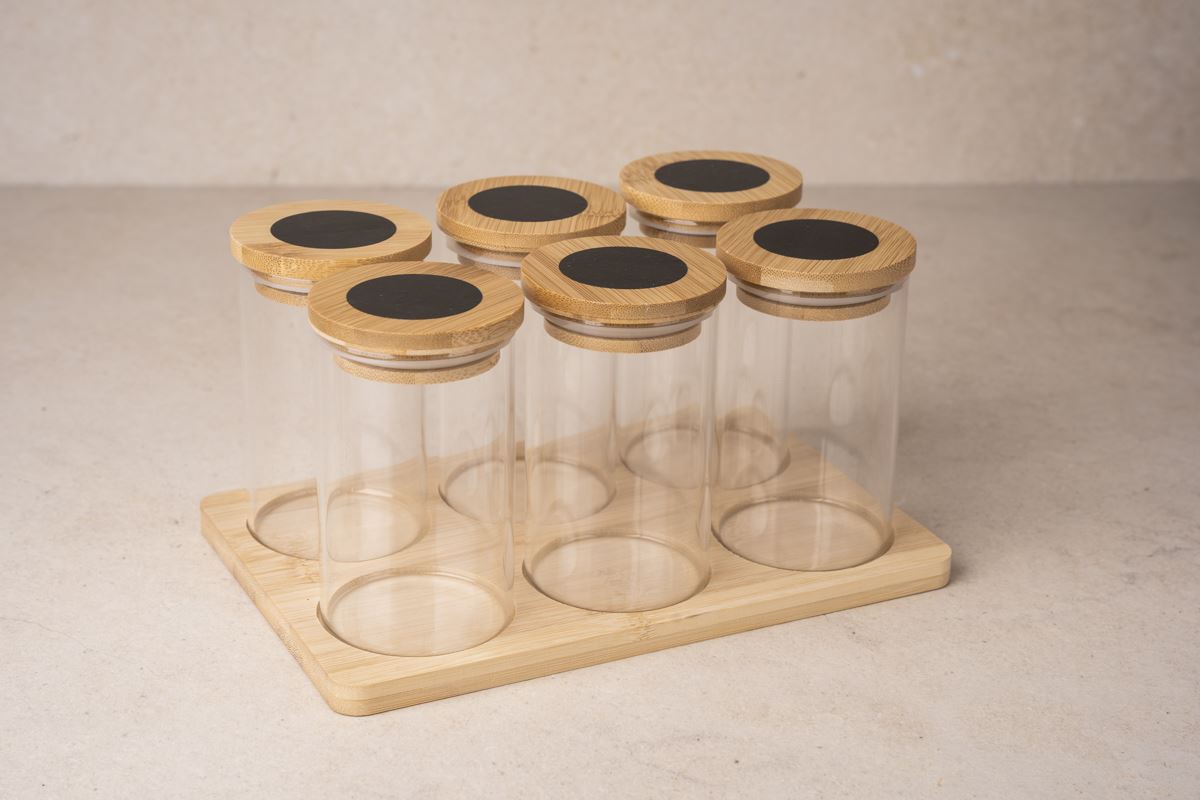 Bamboe set met 6 glazen voorraadpotten