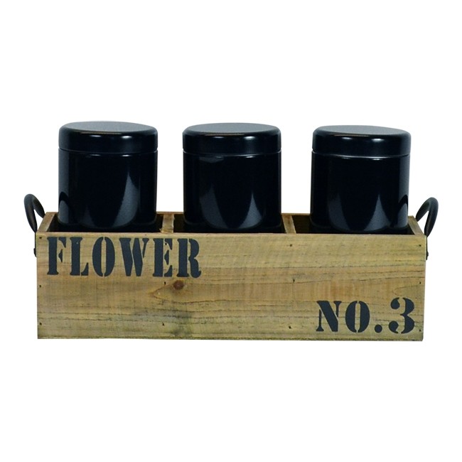3 vaks tray met zwarte ronde blikken