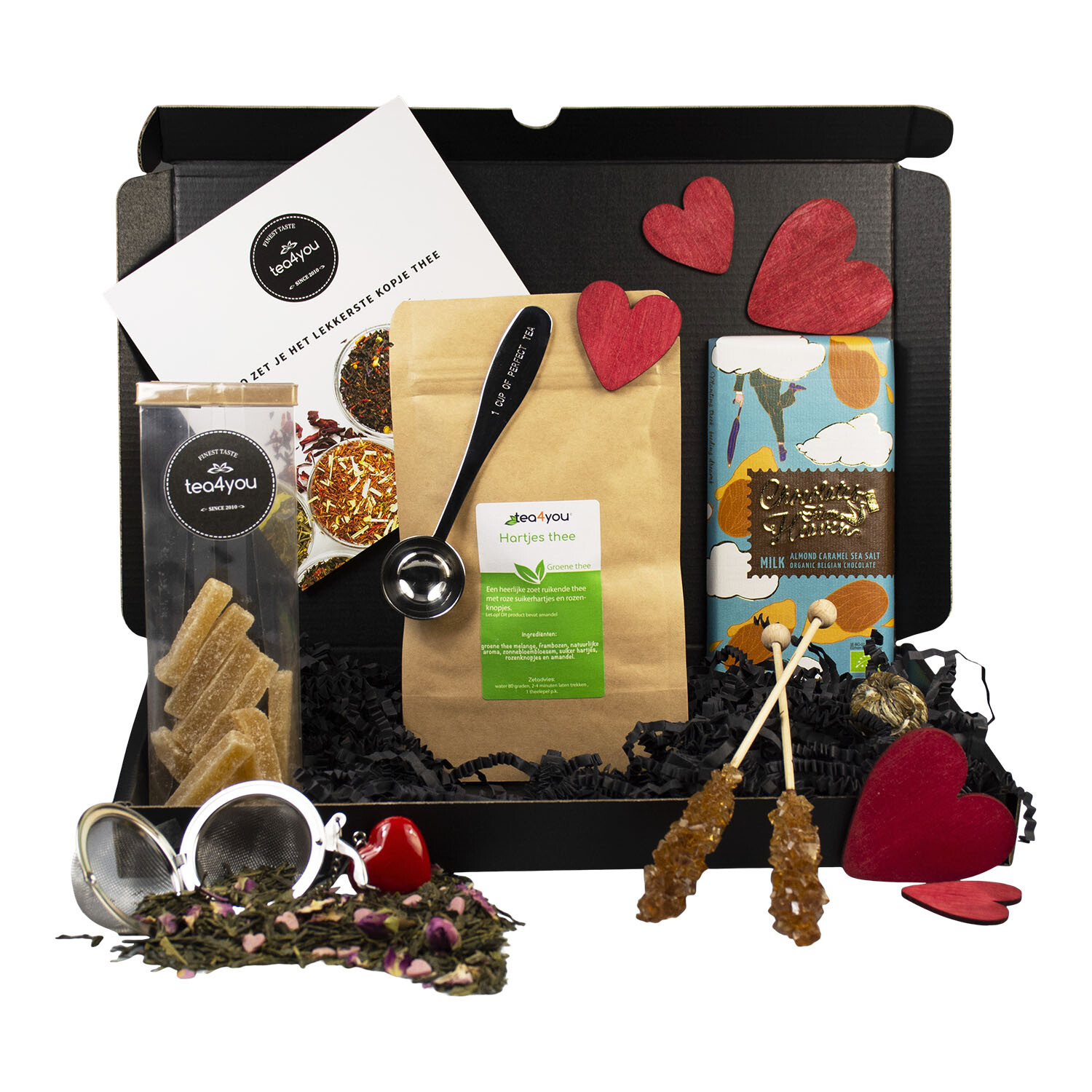 Hartenbox met Hartjesthee en Melk chocolade Caramel en Zeezout
