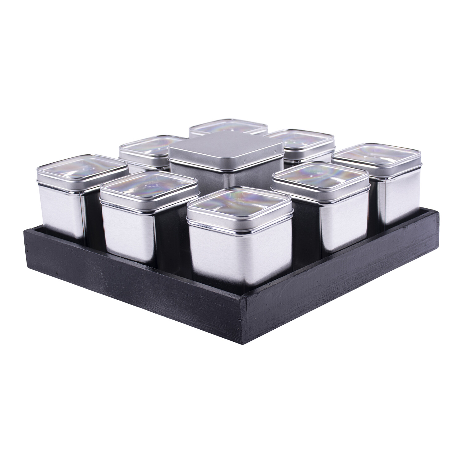 Tray zwart 30x30 met 9 blik zilverkleurig