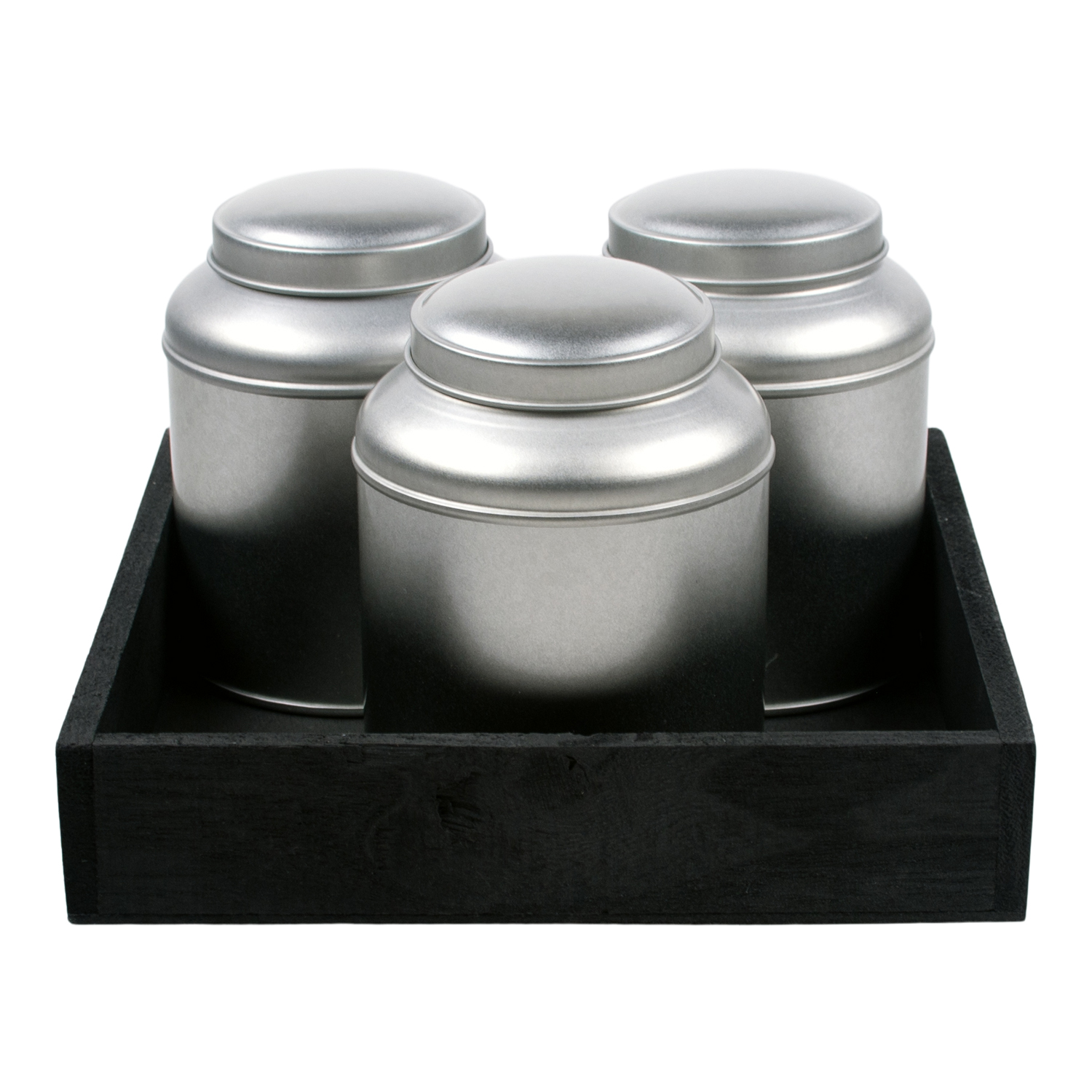 Tray zwart 20x20 met 3 blik zilverkleurig