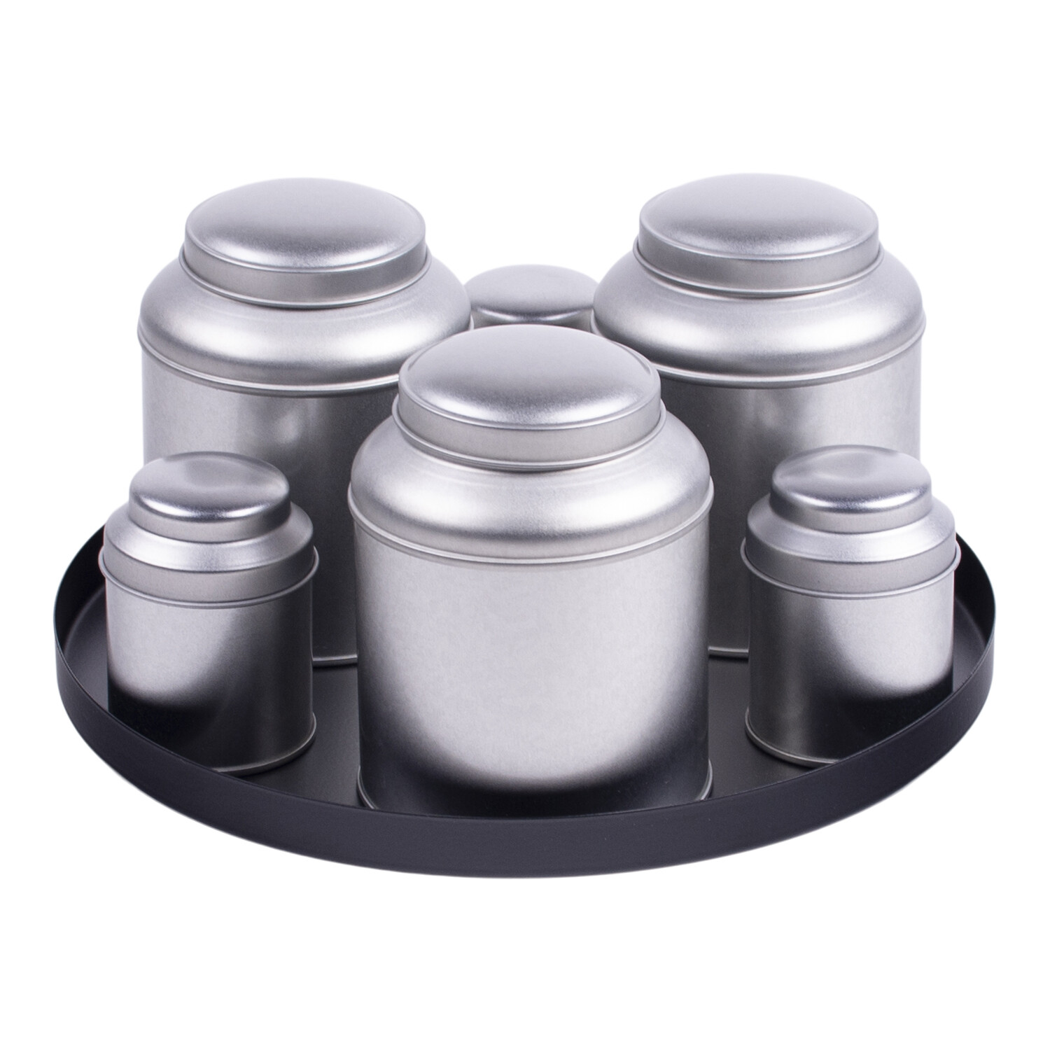 Plateau rond zwart 25x2 met 6 blik zilverkleurig