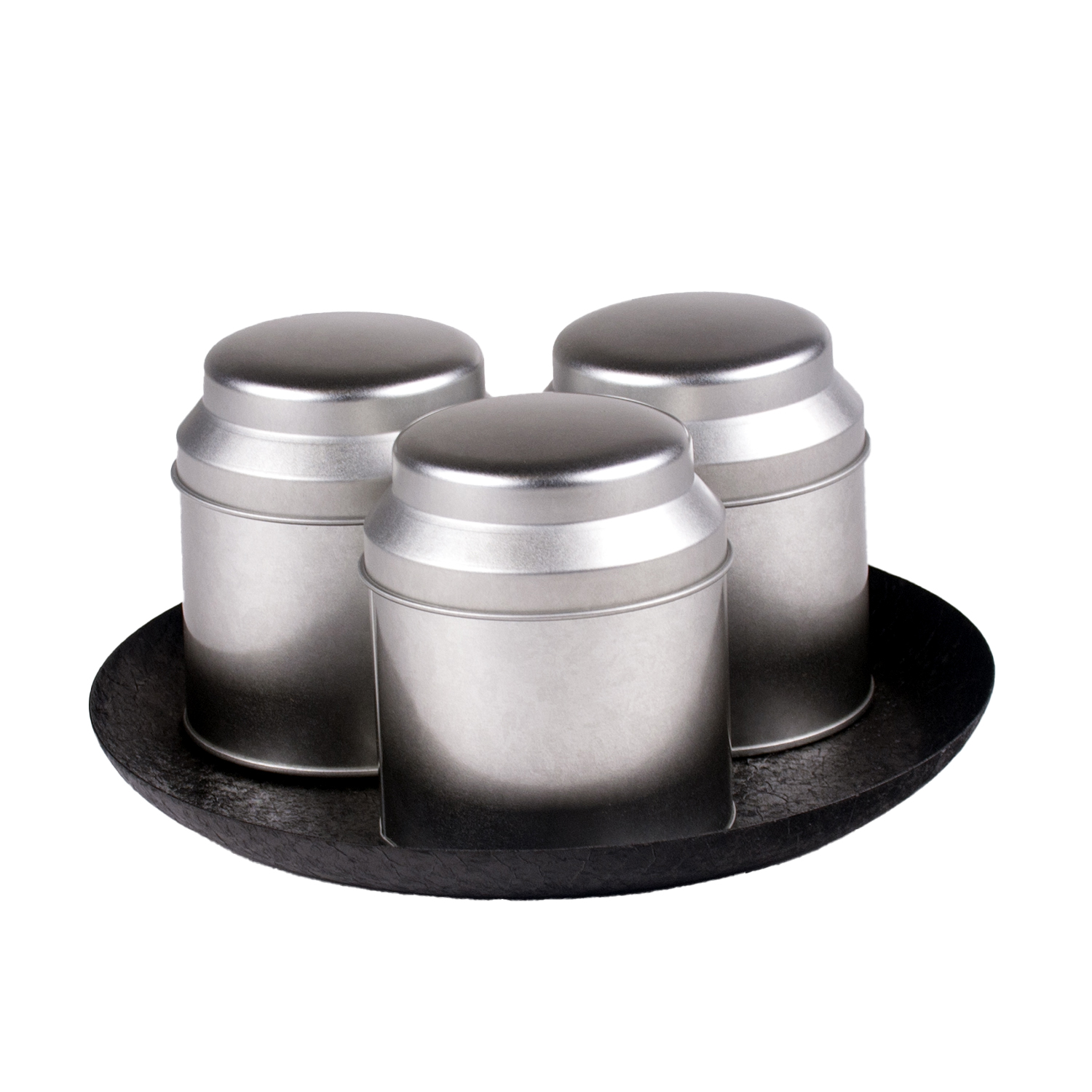 Rond plateau zwart metaal + 3 blik zilver