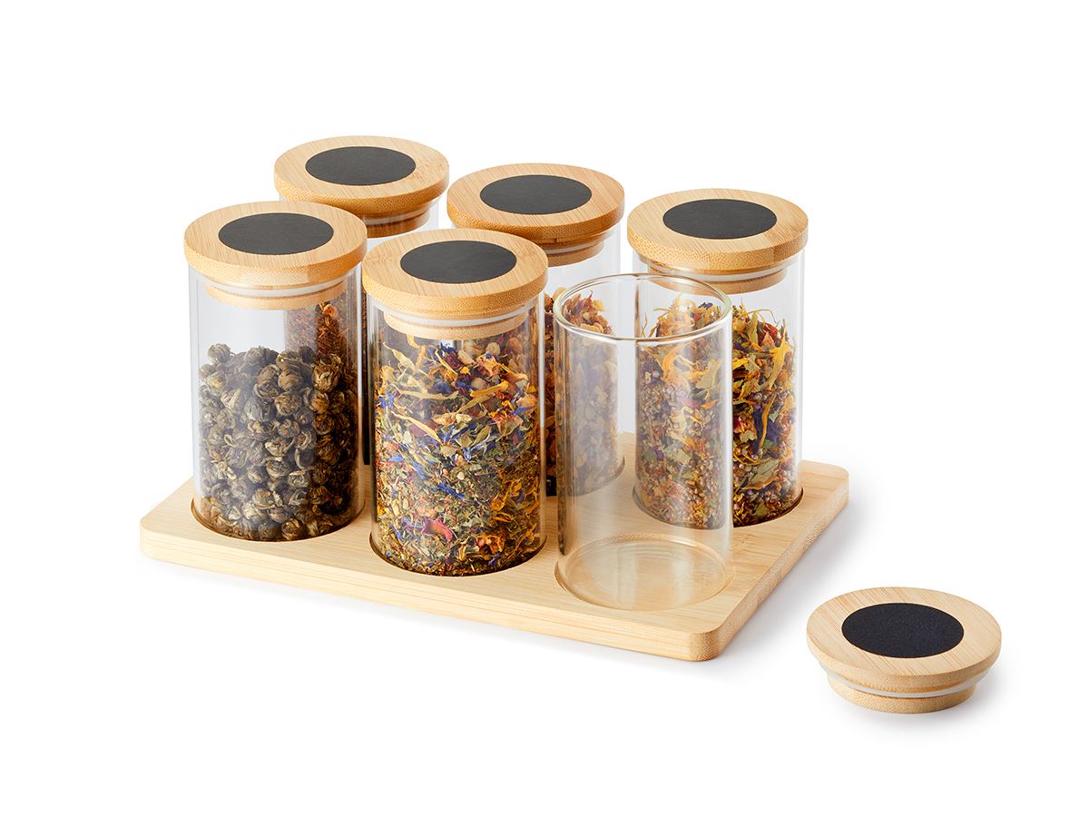 Bamboe set met 6 glazen voorraadpotten