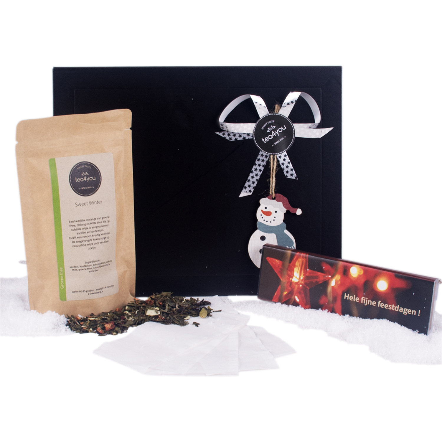 Brievenbus kerstcadeautje met thee en chocolade - Sneeuwpop