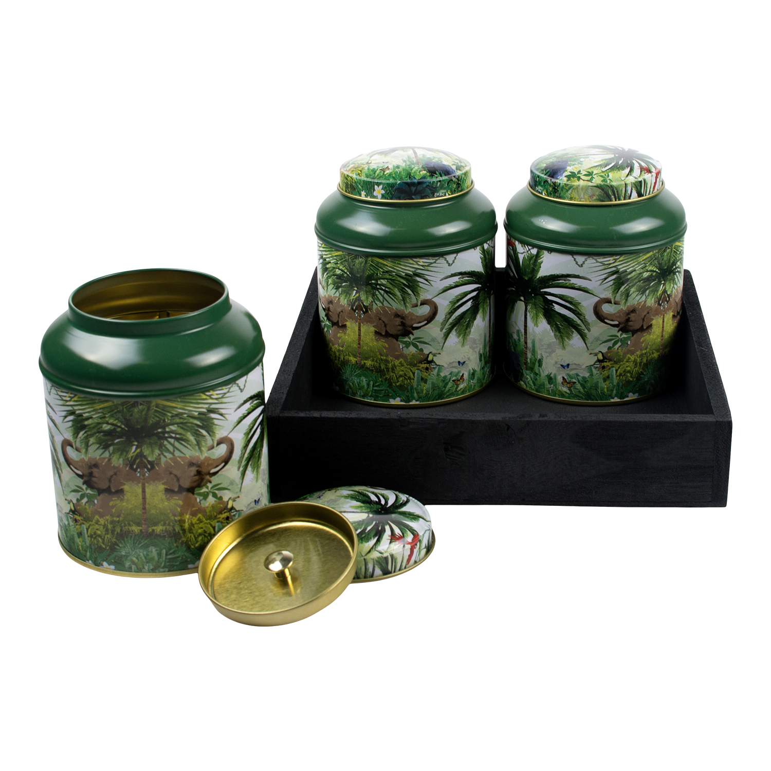 Tray zwart 20x20 met 3 blik Rainforest