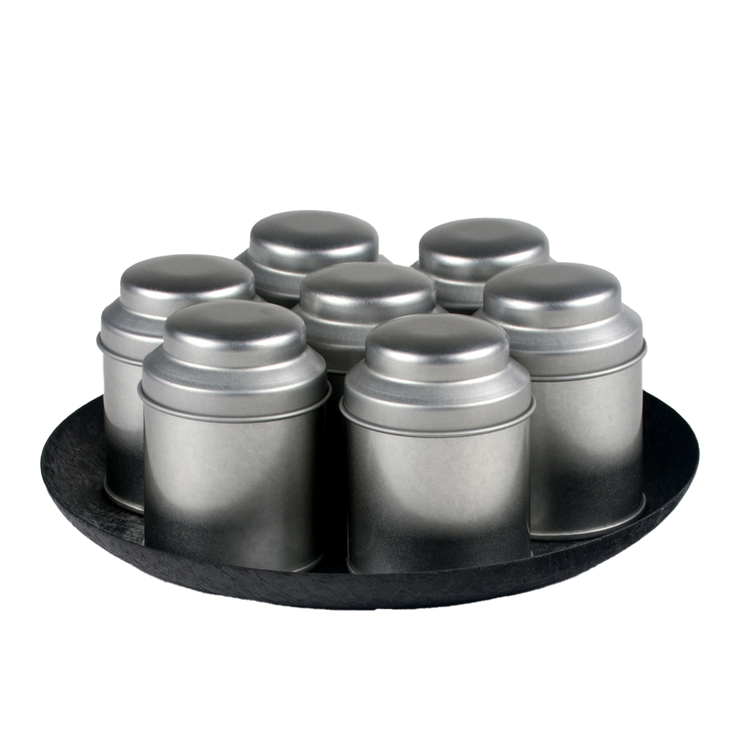Rond plateau zwart metaal + 7 blikjes zilver