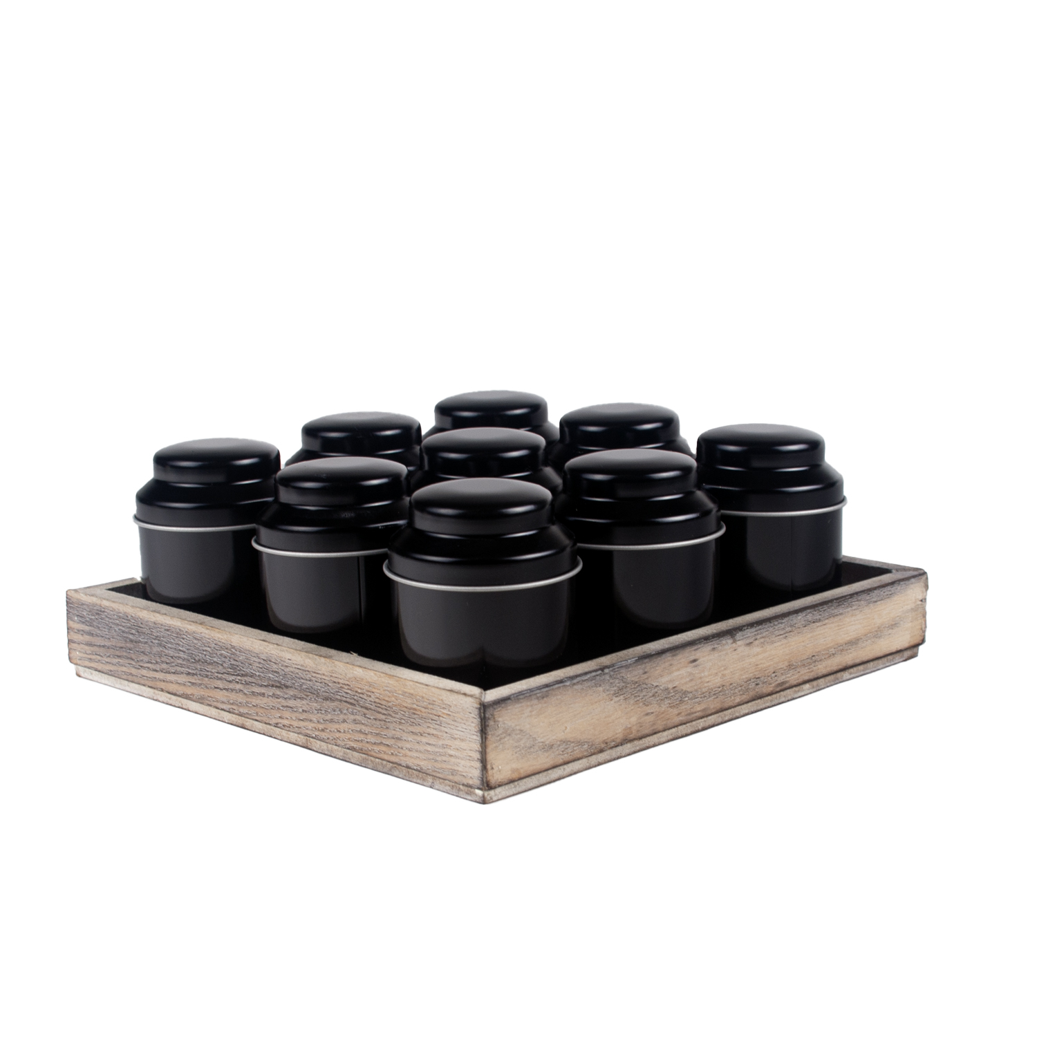 Tray losse thee 20cm naturel 9 zwarte ronde blikjes 