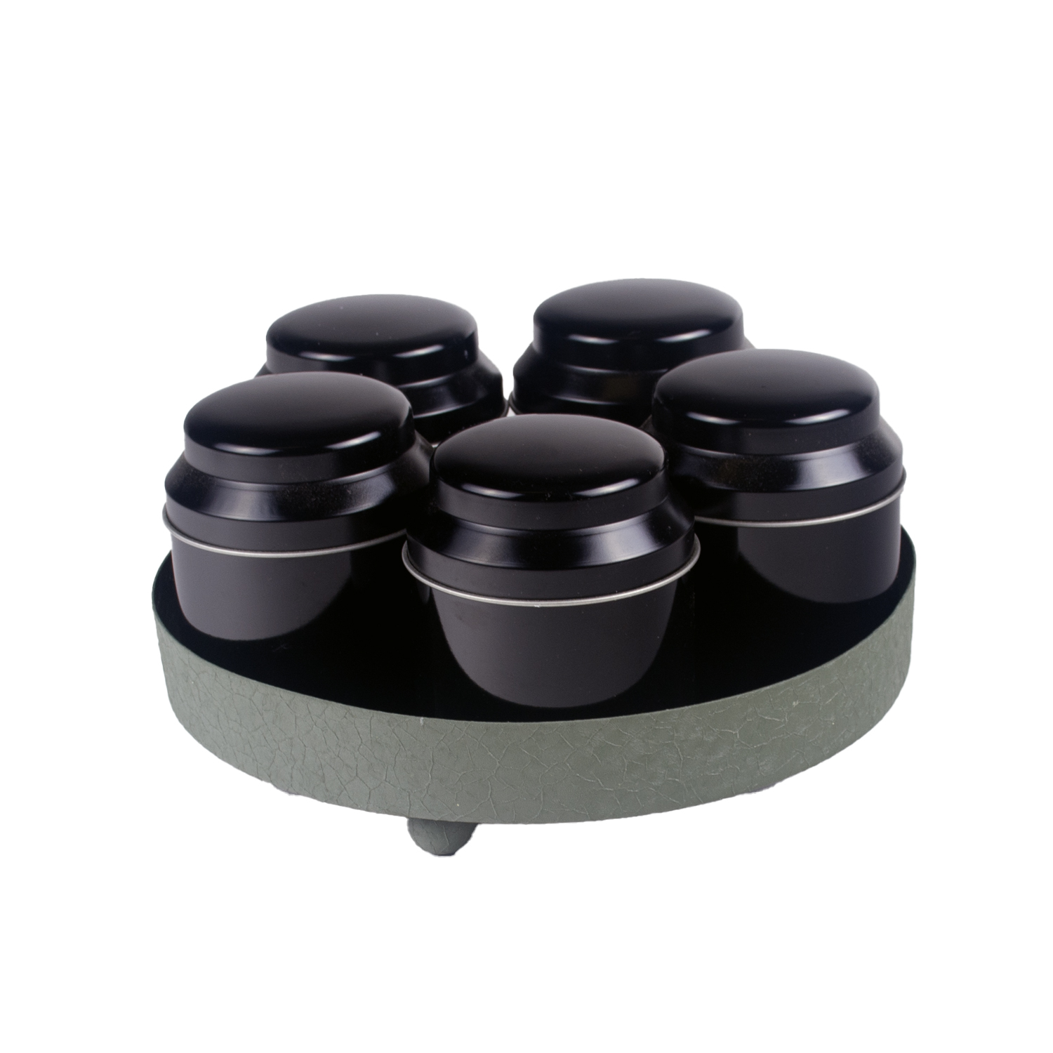 Metalen plateau met groene textuur + 5 zwarte theeblikken