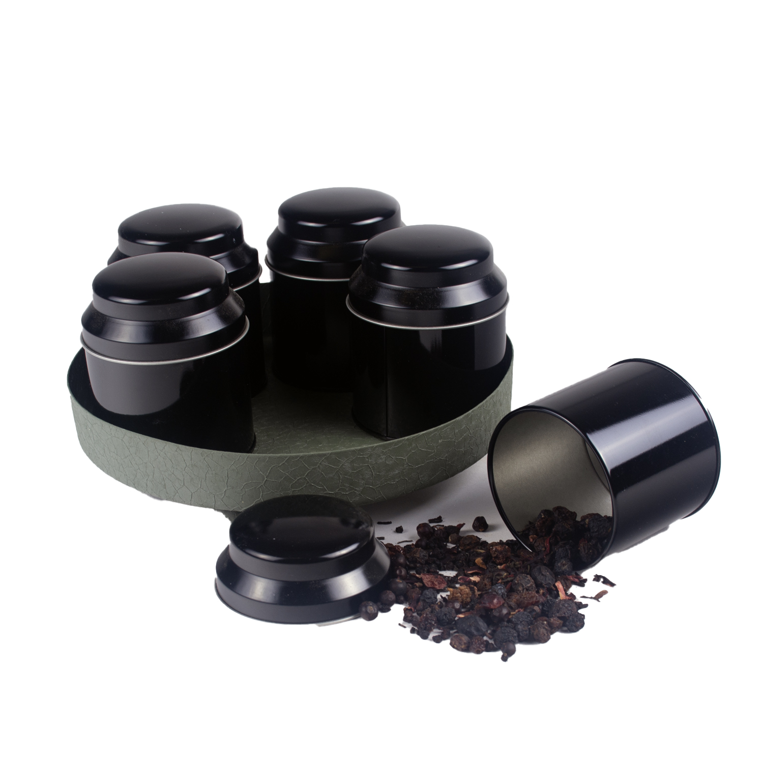 Metalen plateau met groene textuur + 5 zwarte theeblikken