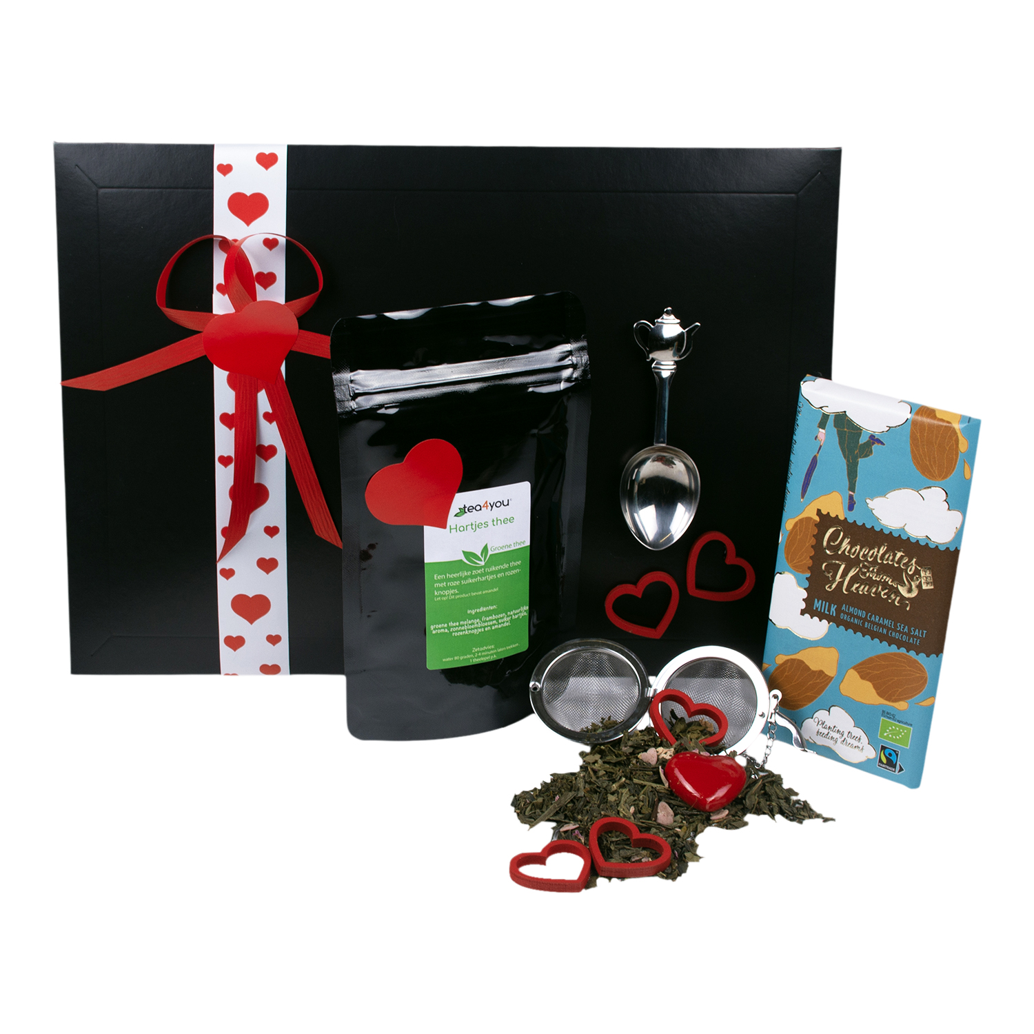 Hartenbox met Hartjesthee en Melk chocolade Caramel en Zeezout