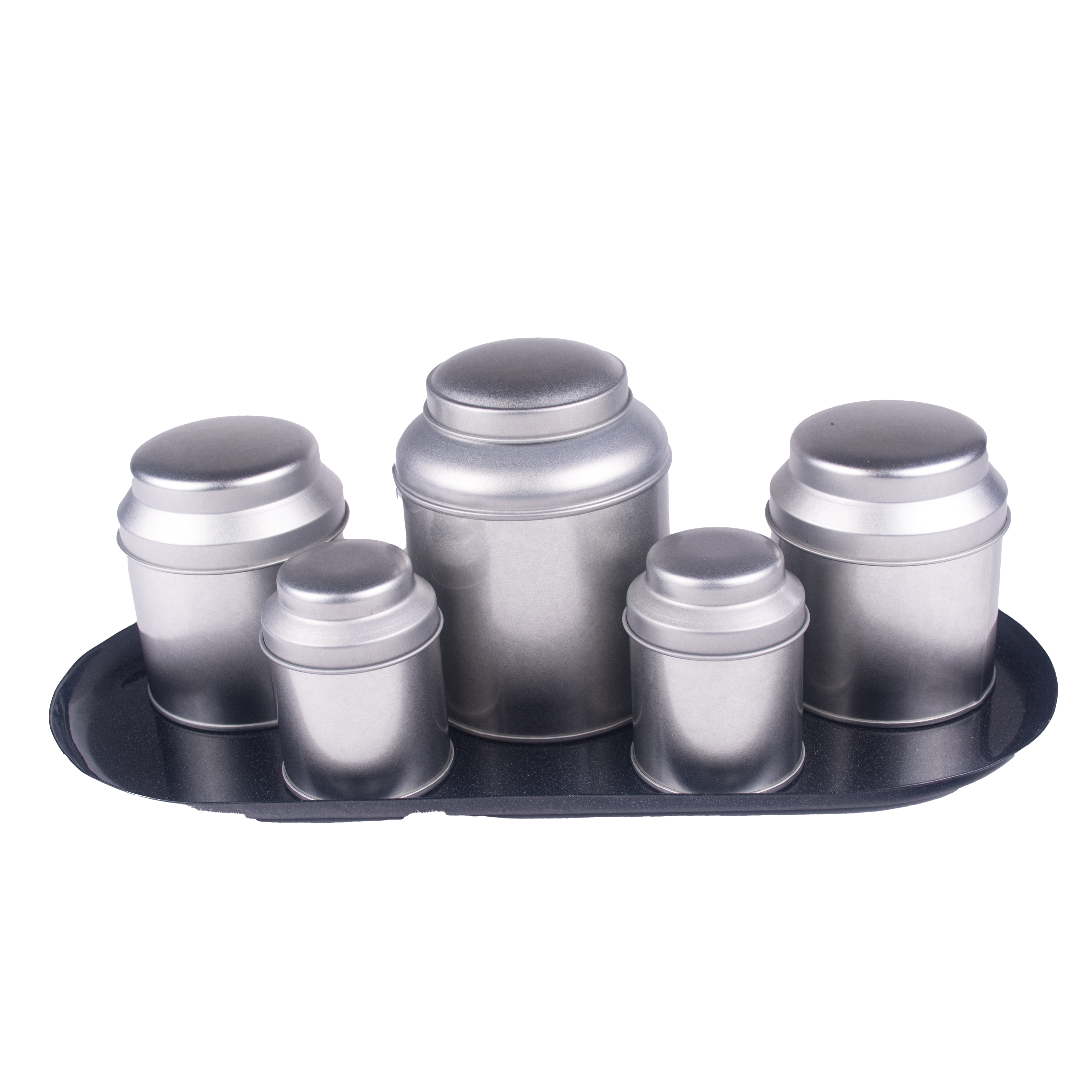 Metalen tray zwart ovaal met 5 blikken zwart 