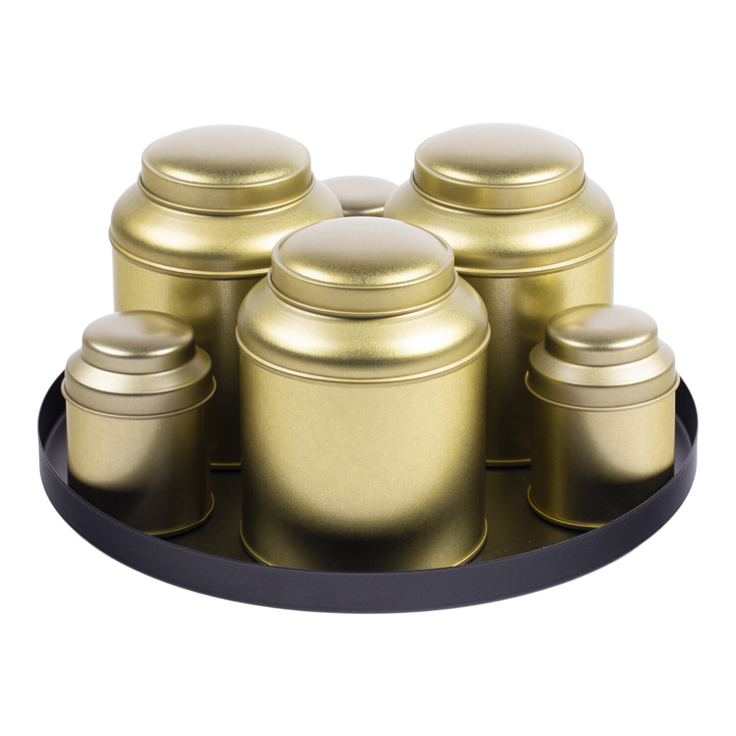 Plateau rond zwart 25x2 met 6 blik goudkleurig
