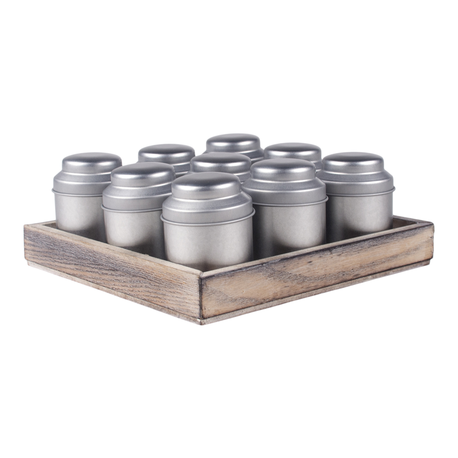 Tray losse thee 20cm naturel 9 zilverkleurige ronde blikjes 