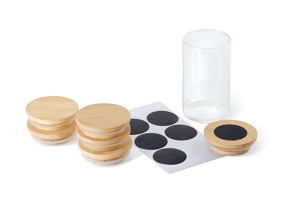 Bamboe set met 6 glazen voorraadpotten