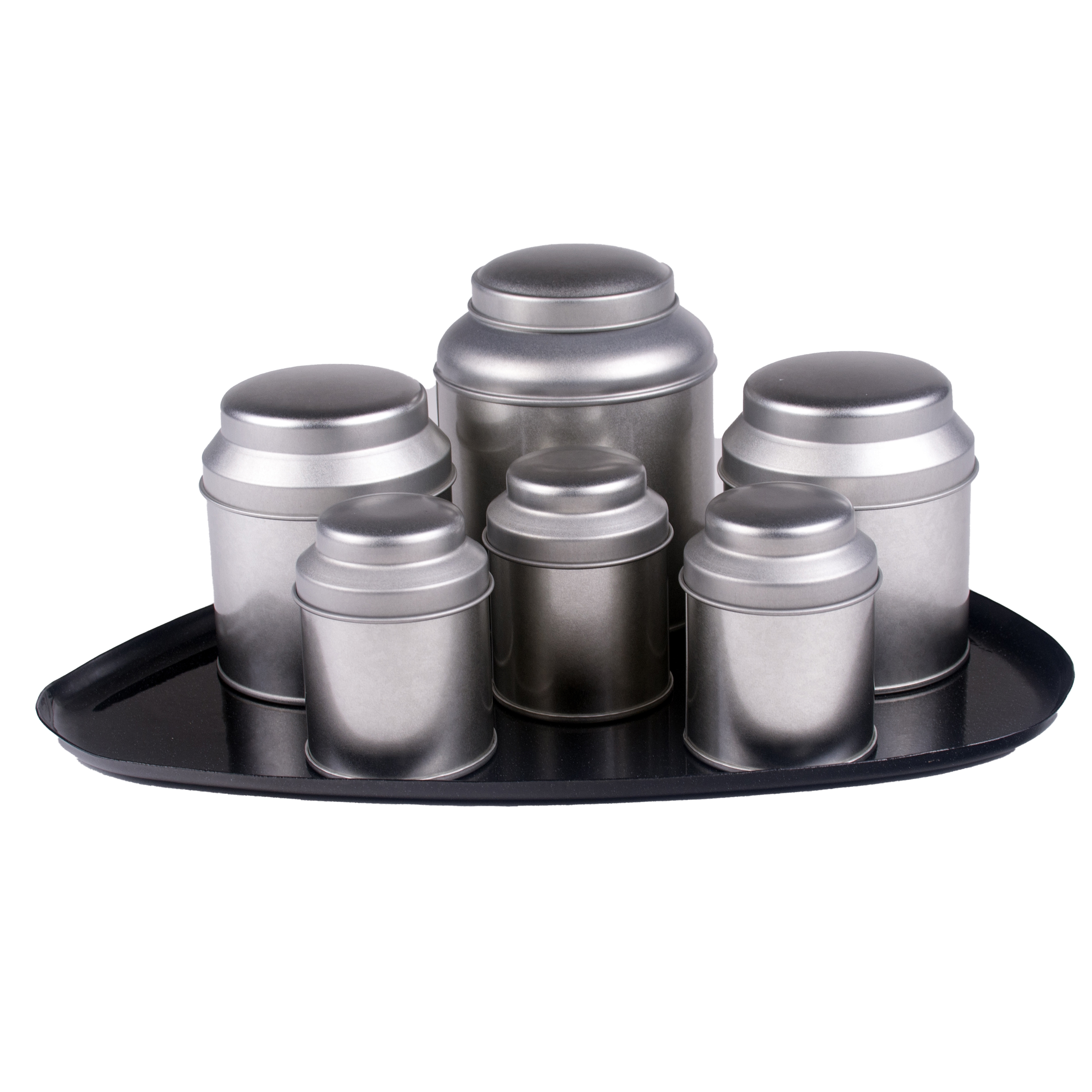 Metalen tray zwart met  6 blikken zilver