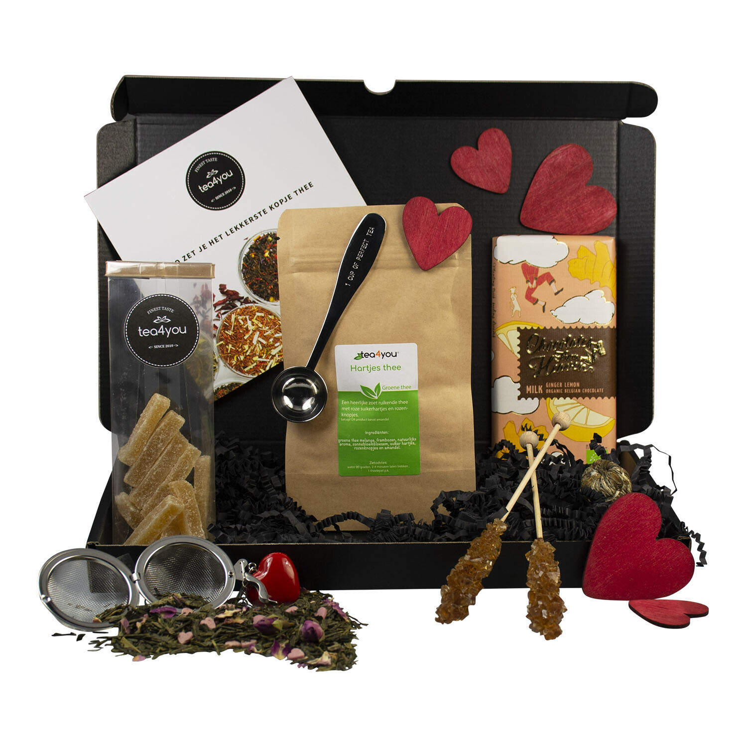 Valentijnbox met Hartjesthee en Melk chocolade Caramel en Zeezout