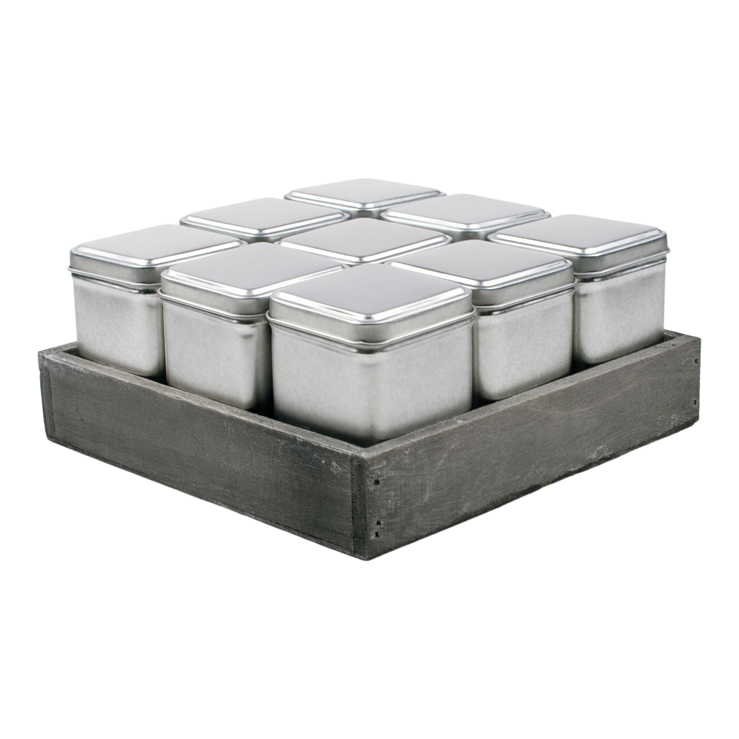 Tray grey 20 x 20 met 9 blik zilverkleurig vierkant